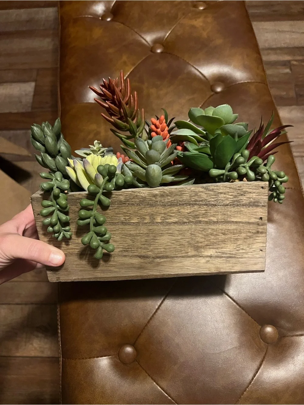 Artificial Succulent Arrangement in Rustic Wood Planter - Green & Coral